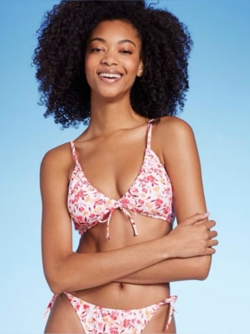Women’s Tie Front Shade& Shore Triangle Pink Ditsy Print Floral Bikini Top XS